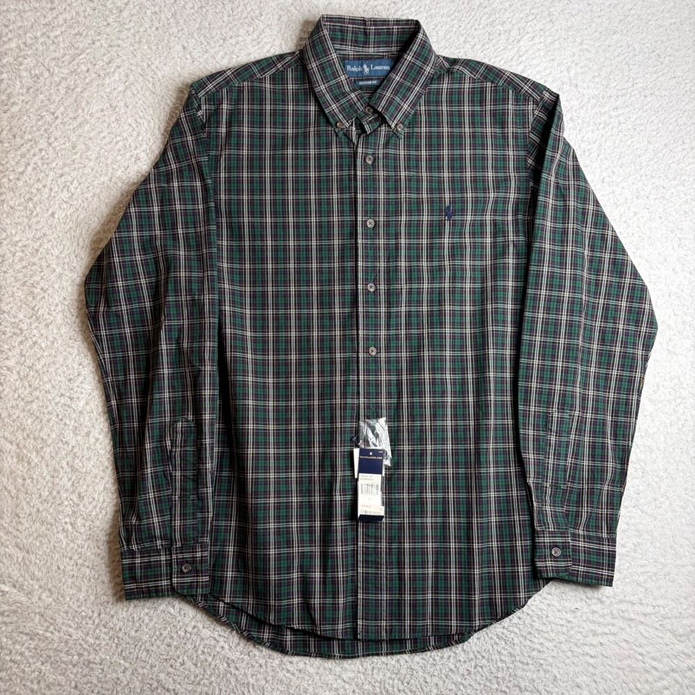 NEW Ralph Lauren Mens Custom Fit Plaid Button Down Shirt Green Navy Large NWT